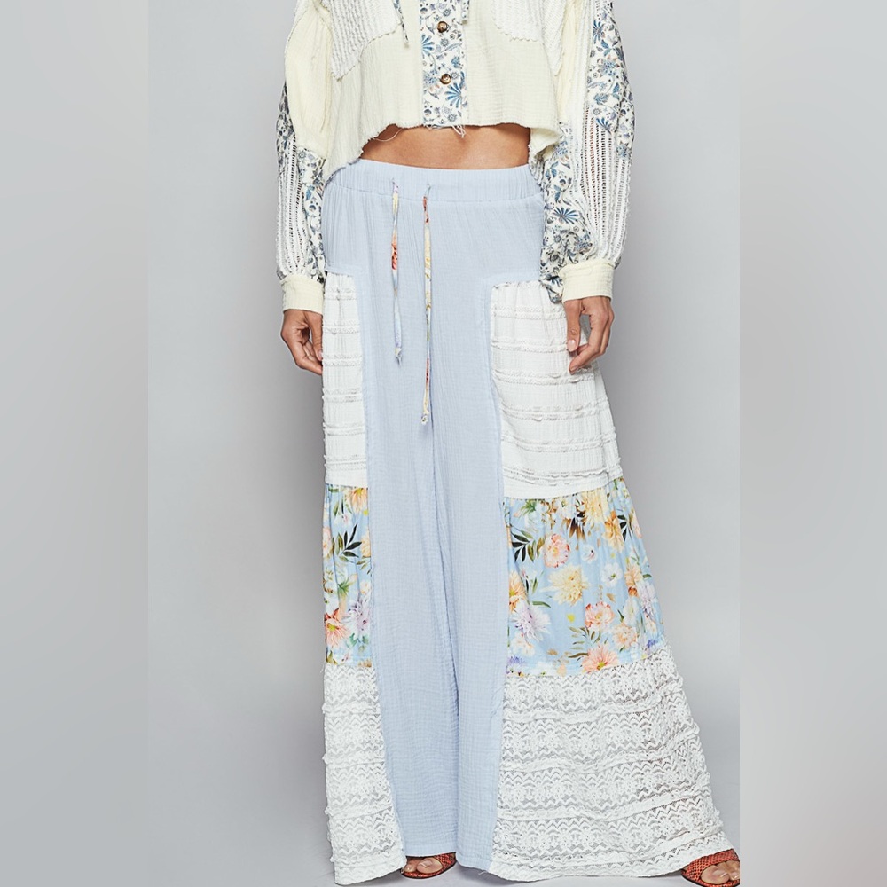 POL Light Blue Floral Patchwork Wide-Leg Pants S